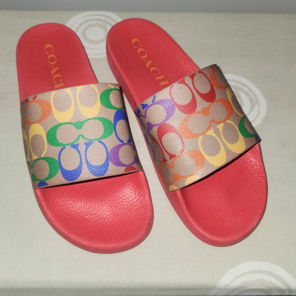 Coach Rainbow Slide Sandals with Red Soles